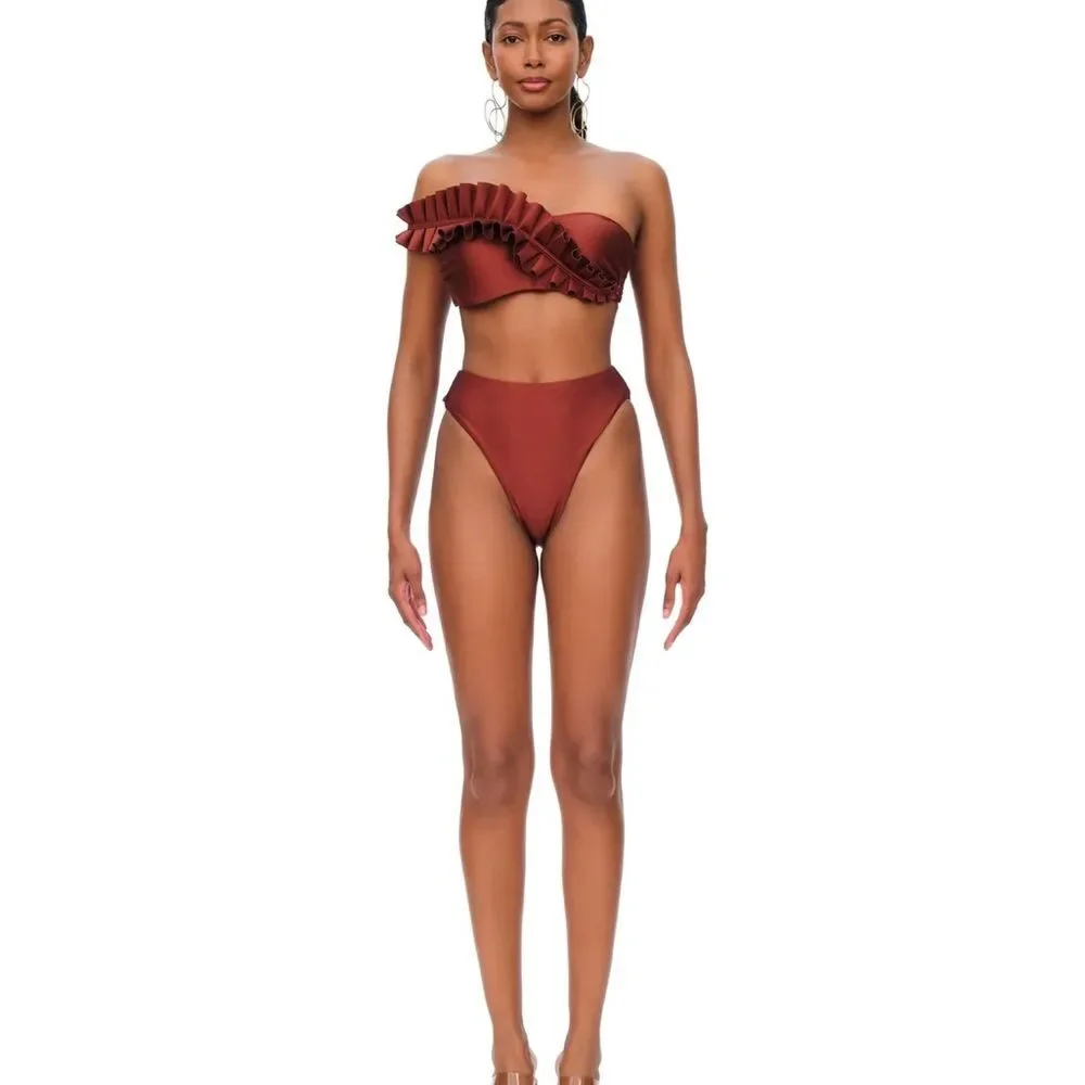 NWT Andrea lyamah 2 Piece LIVA Bikini in Chocolate Size Medium asymmetric ruffle